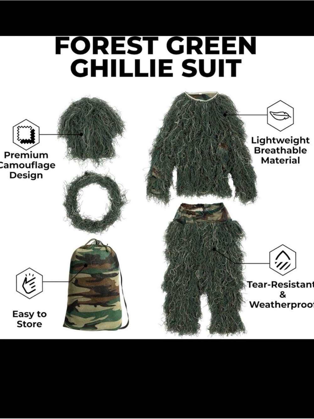 Forest Green Ghillie Suit for Men - Camouflage Concealment Set
